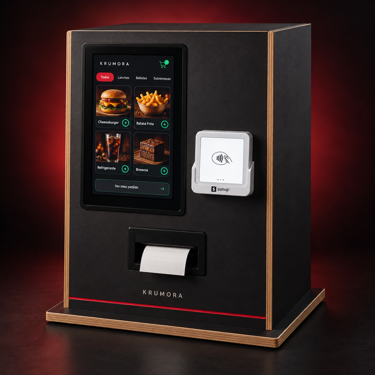 Conceito do gabinete Krumora: madeira preta com bordas naturais, tablet, maquininha Solo e saída de tickets protegida